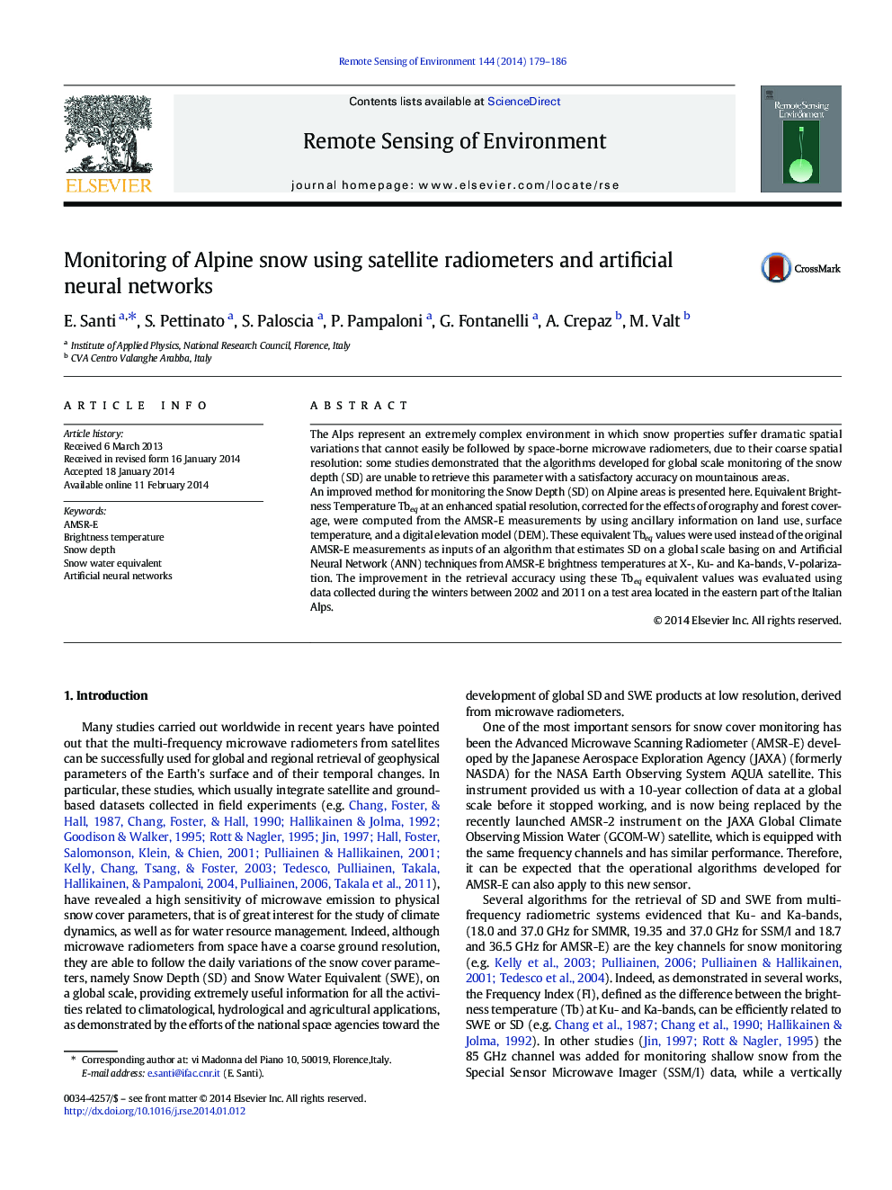 Monitoring of Alpine snow using satellite radiometers and artificial neural networks