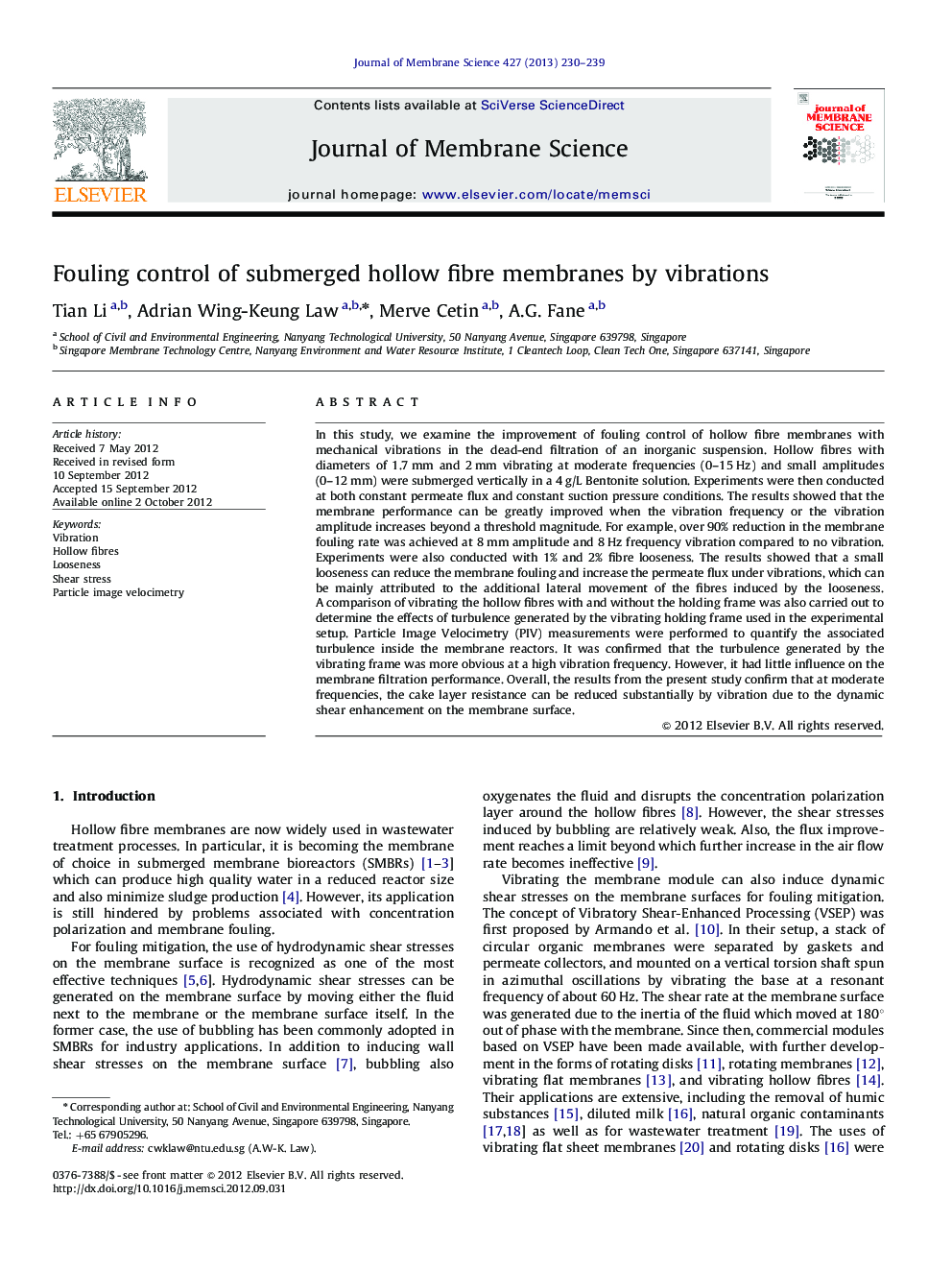 Fouling control of submerged hollow fibre membranes by vibrations