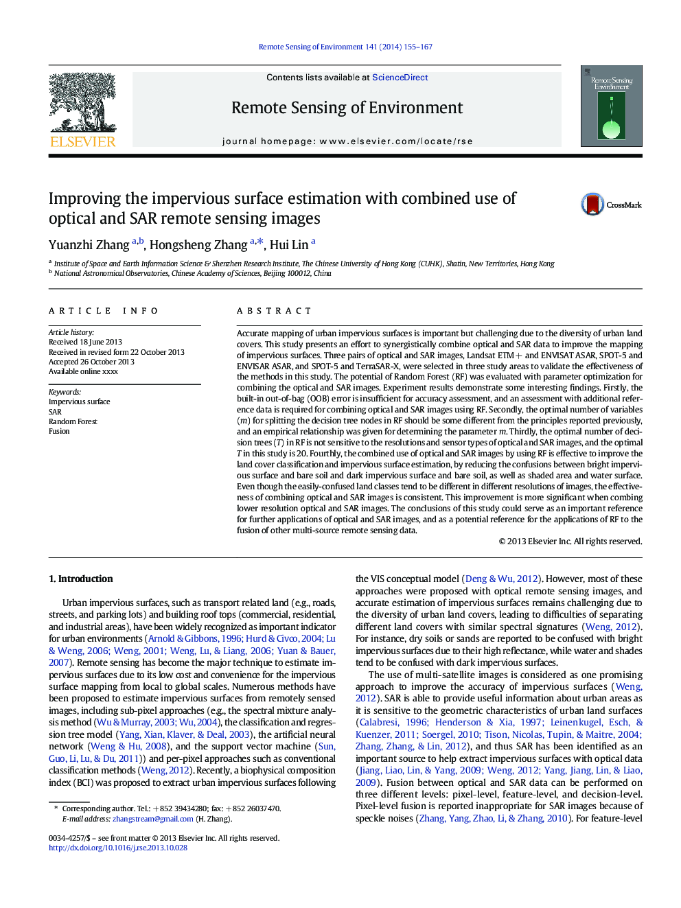 Improving the impervious surface estimation with combined use of optical and SAR remote sensing images