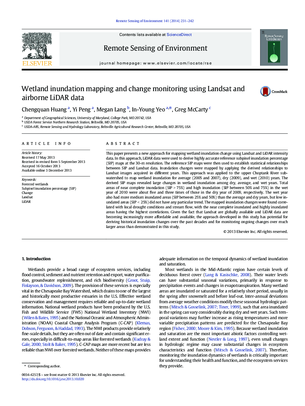 Wetland inundation mapping and change monitoring using Landsat and airborne LiDAR data