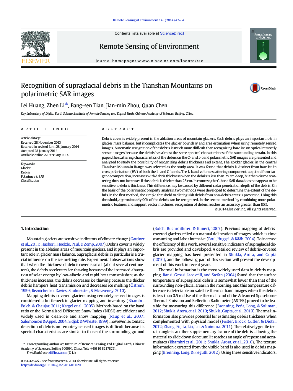 Recognition of supraglacial debris in the Tianshan Mountains on polarimetric SAR images