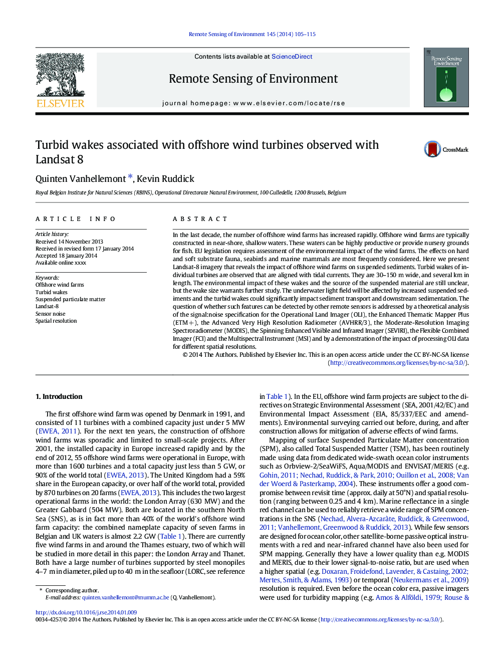 Turbid wakes associated with offshore wind turbines observed with Landsat 8