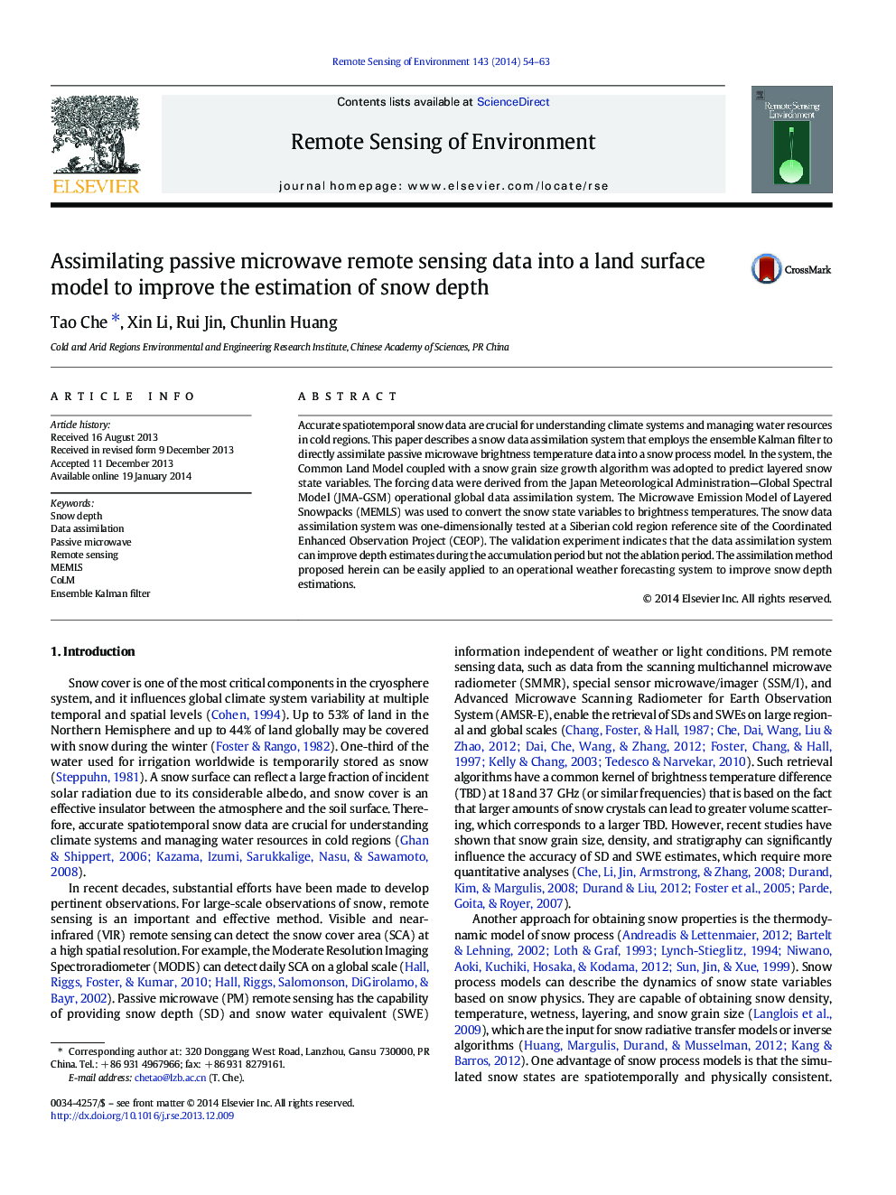 Assimilating passive microwave remote sensing data into a land surface model to improve the estimation of snow depth