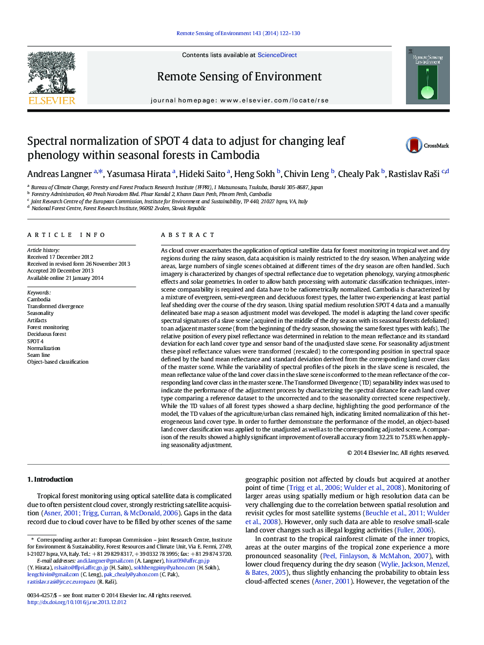 Spectral normalization of SPOT 4 data to adjust for changing leaf phenology within seasonal forests in Cambodia