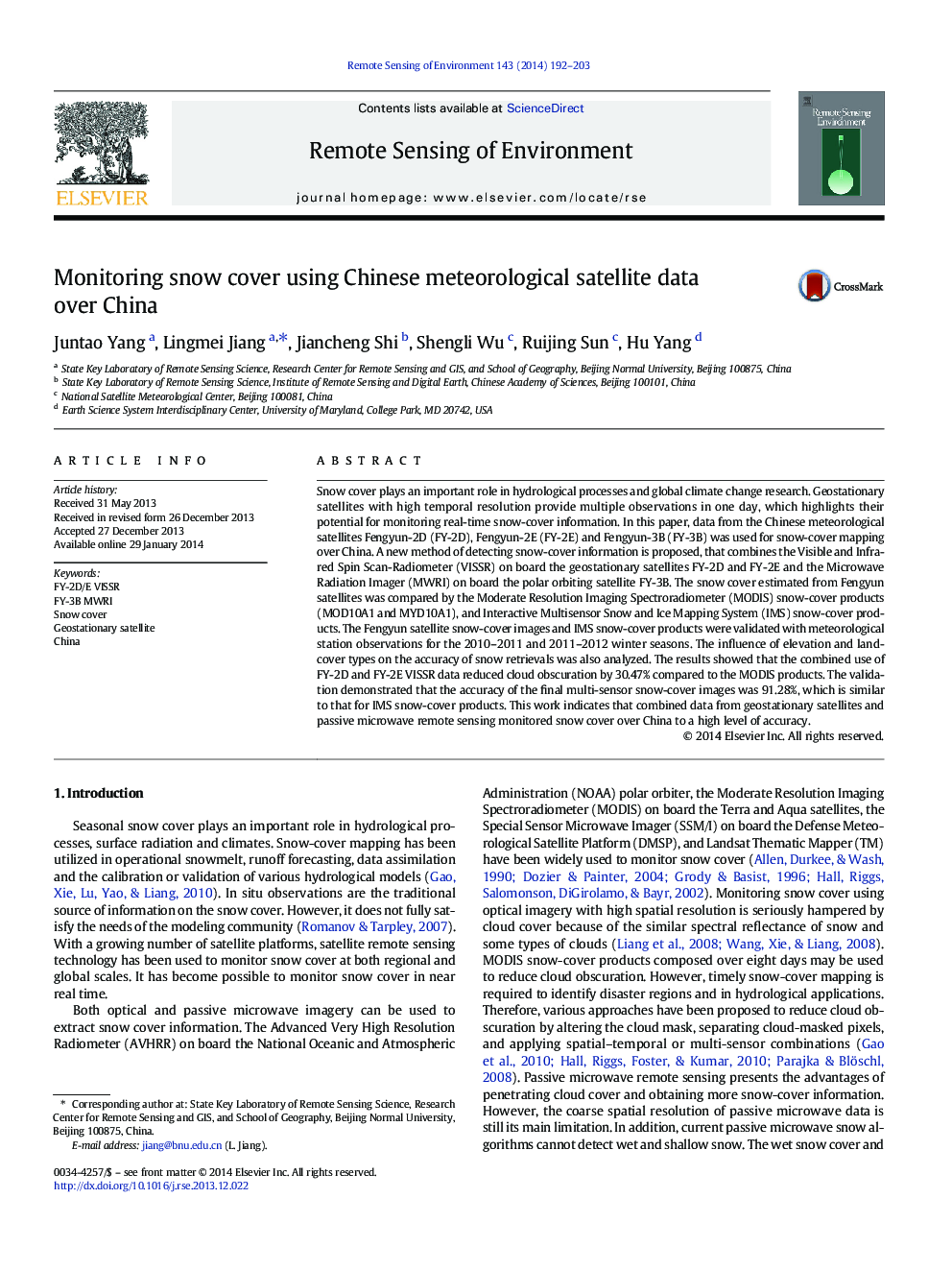 Monitoring snow cover using Chinese meteorological satellite data over China