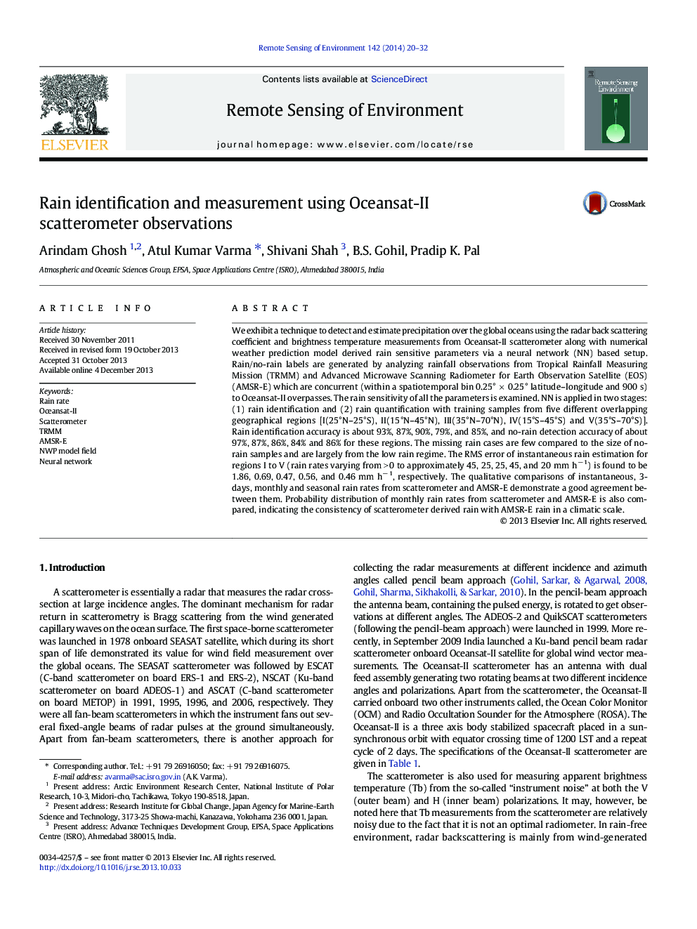 Rain identification and measurement using Oceansat-II scatterometer observations