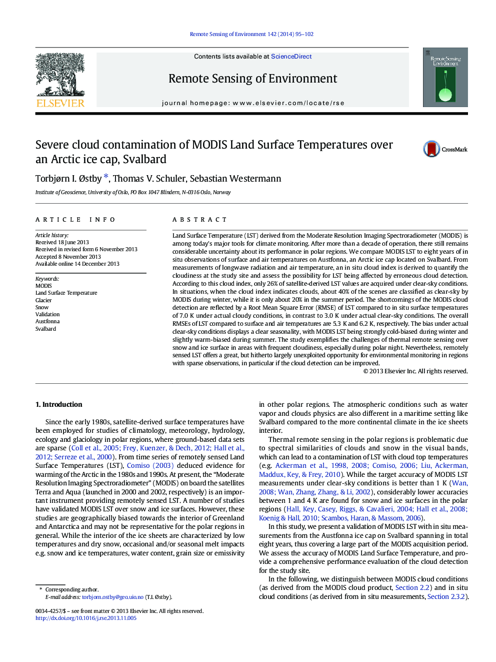 Severe cloud contamination of MODIS Land Surface Temperatures over an Arctic ice cap, Svalbard