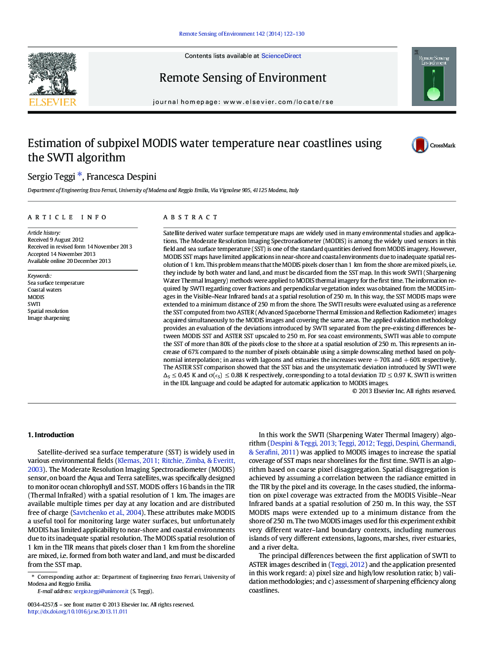 Estimation of subpixel MODIS water temperature near coastlines using the SWTI algorithm