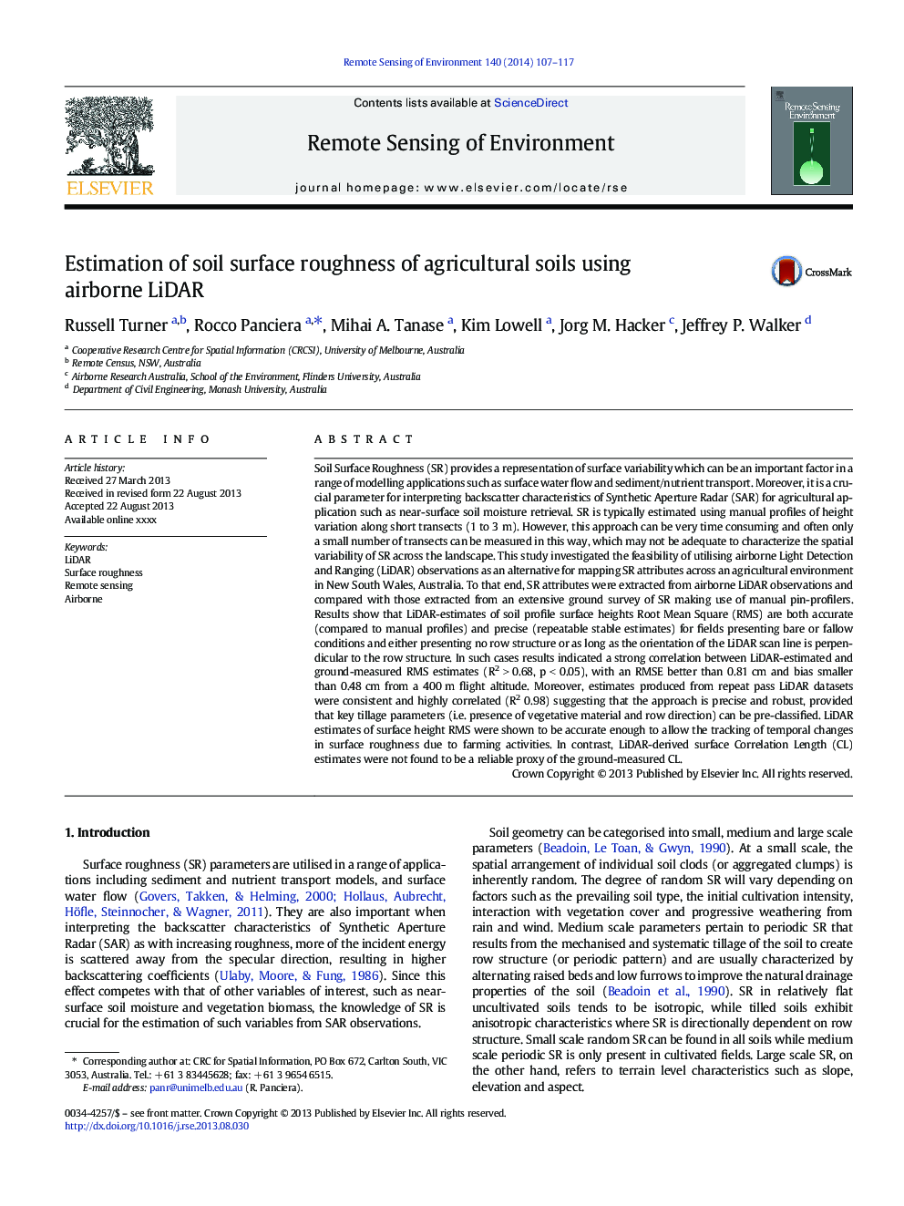 Estimation of soil surface roughness of agricultural soils using airborne LiDAR