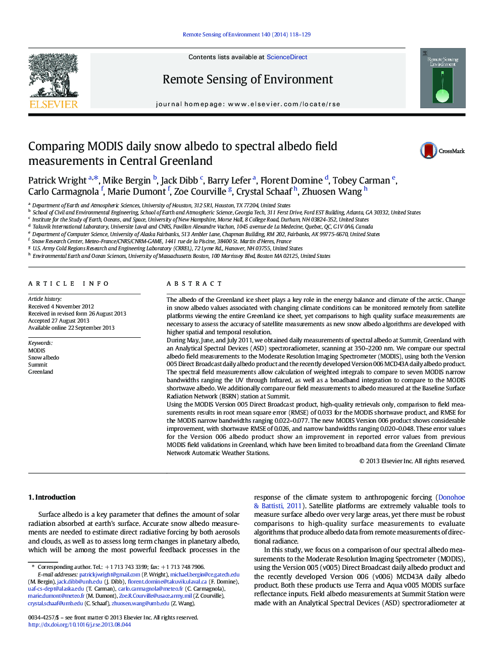 Comparing MODIS daily snow albedo to spectral albedo field measurements in Central Greenland