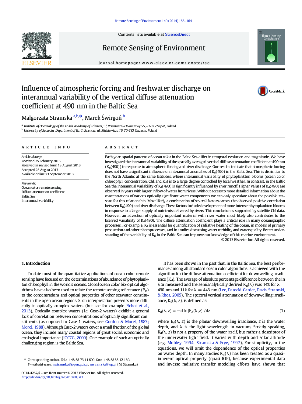 Influence of atmospheric forcing and freshwater discharge on interannual variability of the vertical diffuse attenuation coefficient at 490Â nm in the Baltic Sea