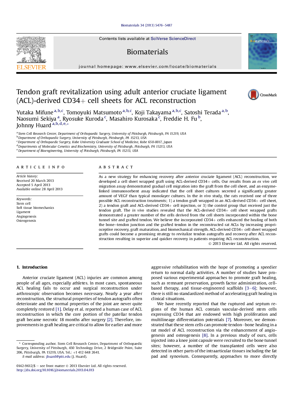 Tendon graft revitalization using adult anterior cruciate ligament (ACL)-derived CD34+ cell sheets for ACL reconstruction