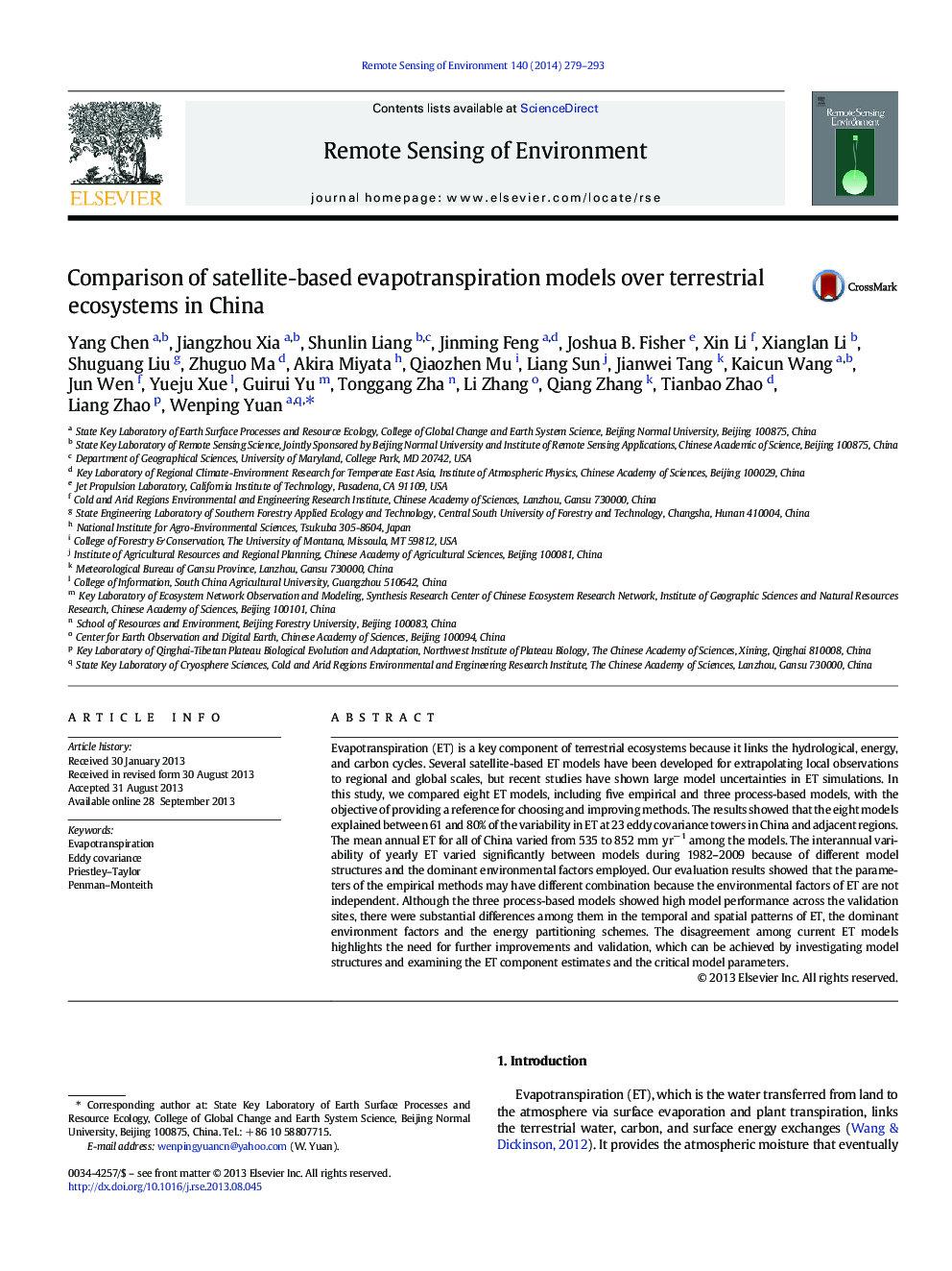 Comparison of satellite-based evapotranspiration models over terrestrial ecosystems in China