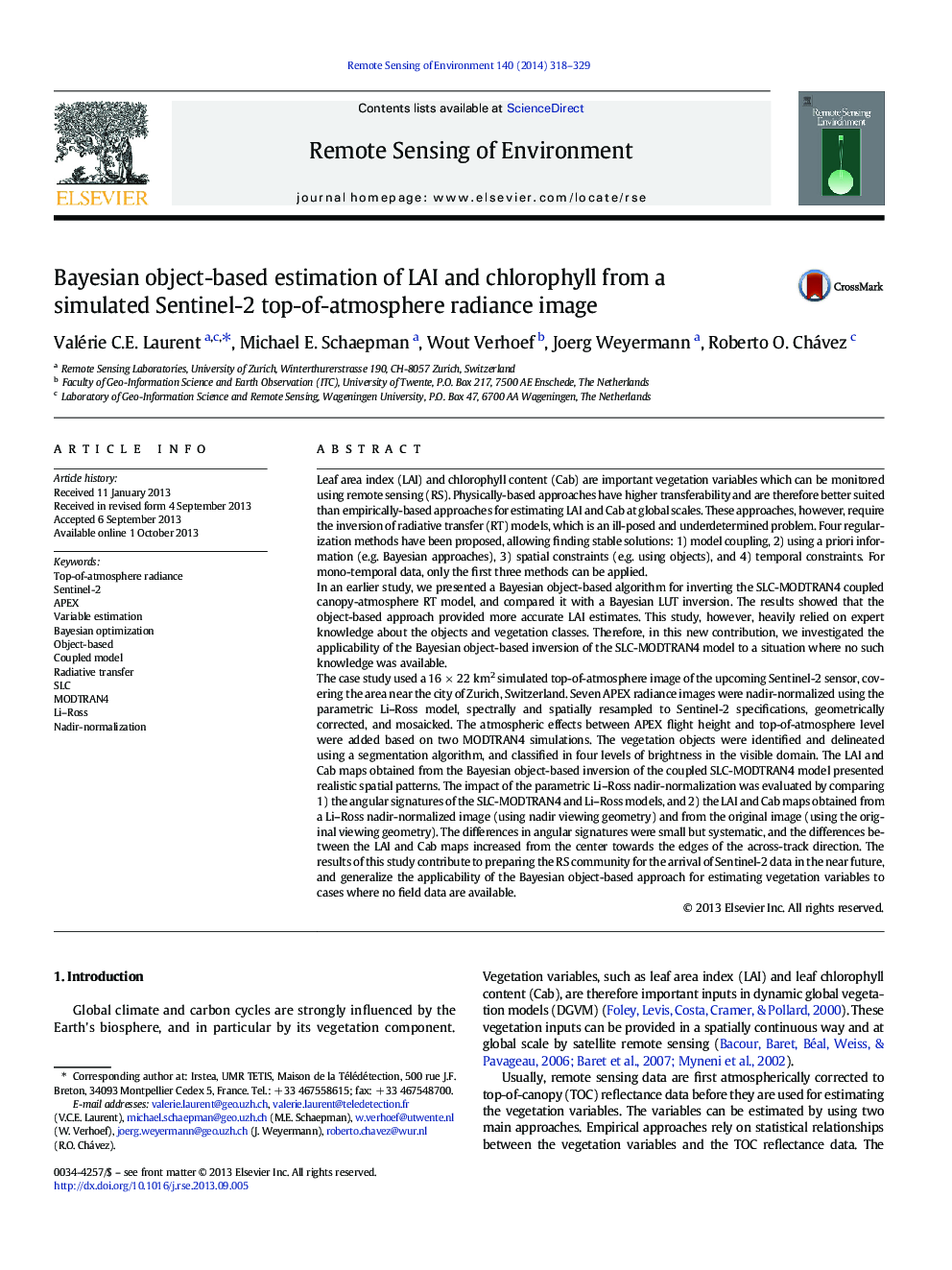 Bayesian object-based estimation of LAI and chlorophyll from a simulated Sentinel-2 top-of-atmosphere radiance image