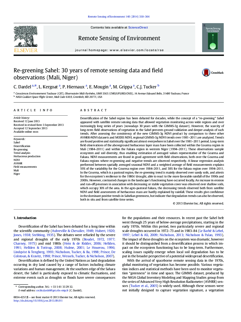 Re-greening Sahel: 30Â years of remote sensing data and field observations (Mali, Niger)