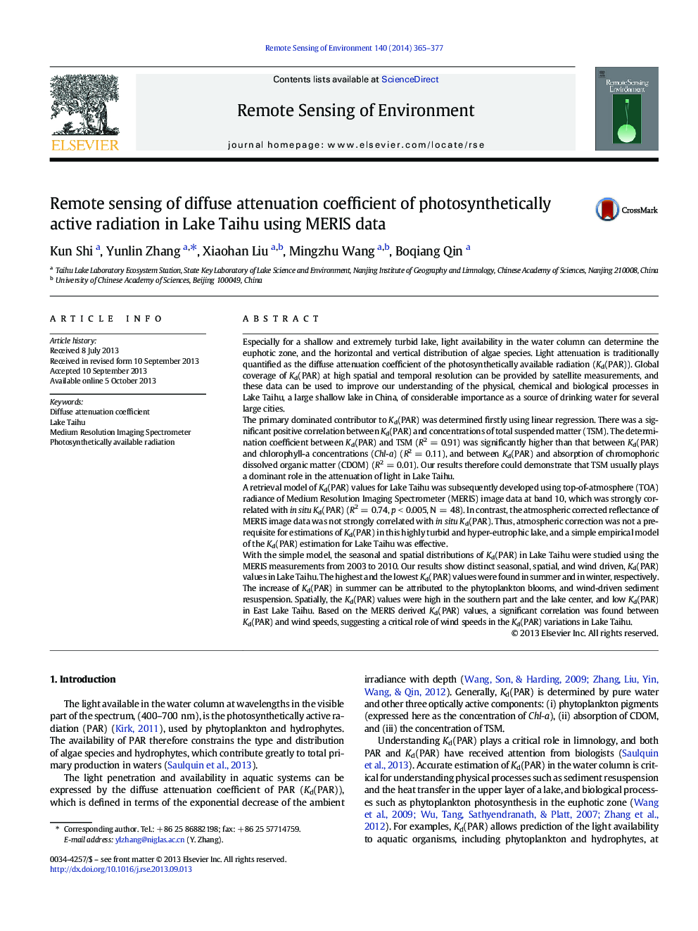 Remote sensing of diffuse attenuation coefficient of photosynthetically active radiation in Lake Taihu using MERIS data