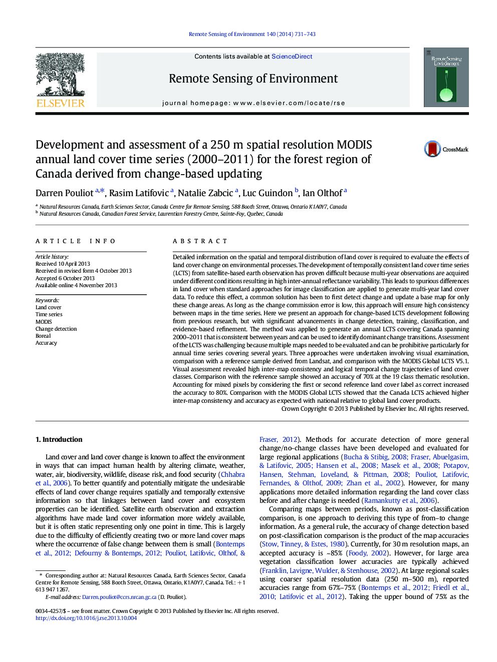 Development and assessment of a 250Â m spatial resolution MODIS annual land cover time series (2000-2011) for the forest region of Canada derived from change-based updating