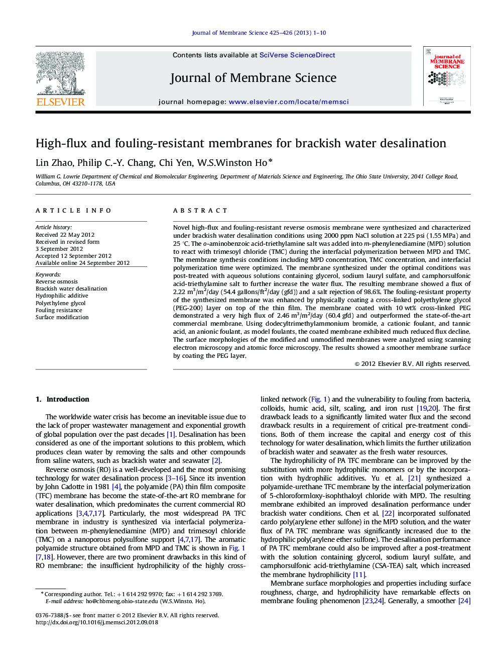 High-flux and fouling-resistant membranes for brackish water desalination