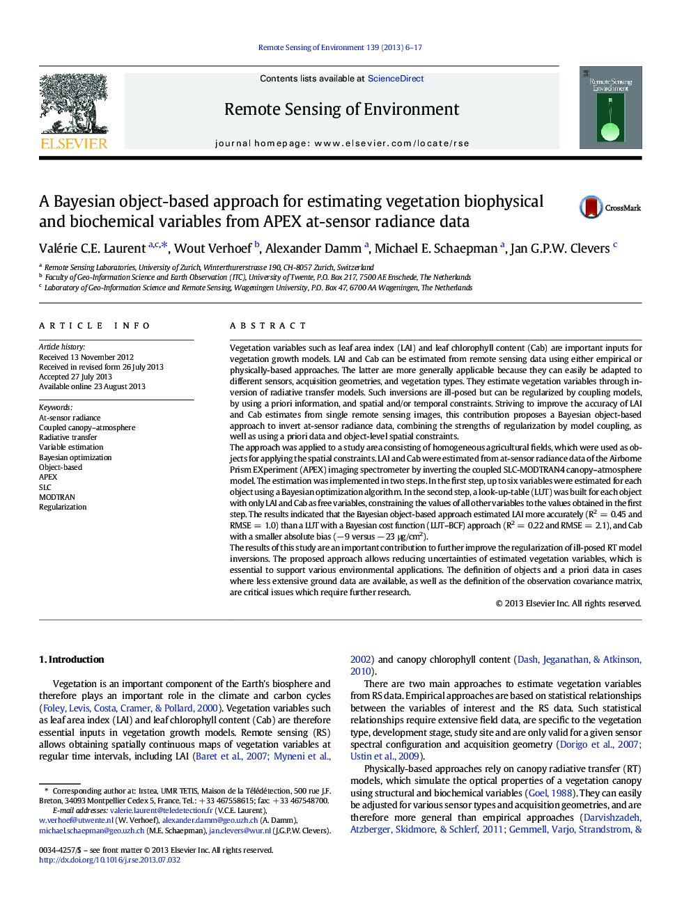 A Bayesian object-based approach for estimating vegetation biophysical and biochemical variables from APEX at-sensor radiance data