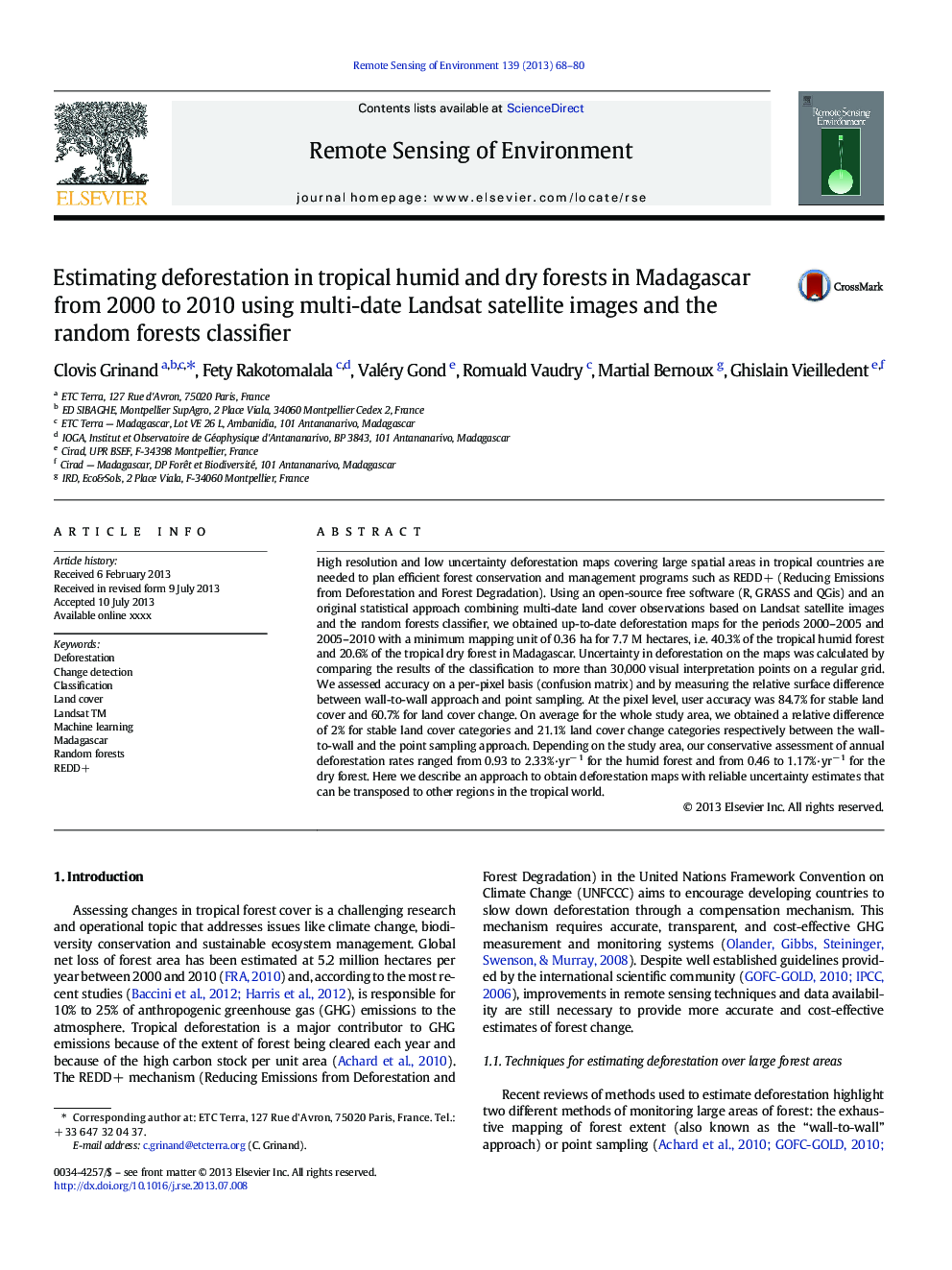 Estimating deforestation in tropical humid and dry forests in Madagascar from 2000 to 2010 using multi-date Landsat satellite images and the random forests classifier