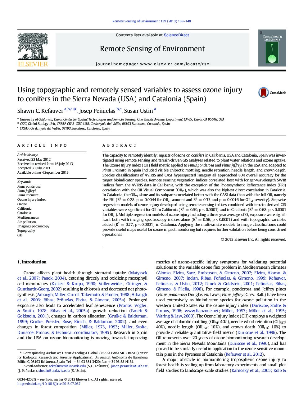 Using topographic and remotely sensed variables to assess ozone injury to conifers in the Sierra Nevada (USA) and Catalonia (Spain)