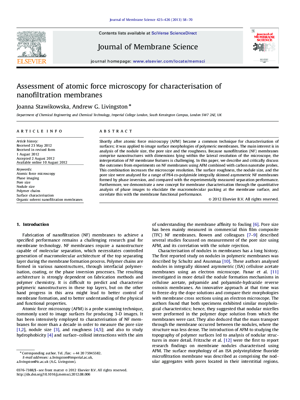 Assessment of atomic force microscopy for characterisation of nanofiltration membranes