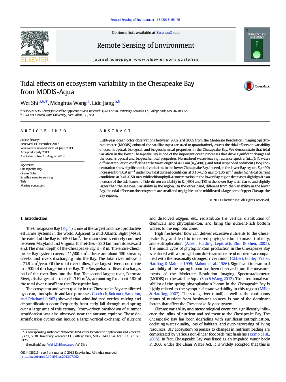 Tidal effects on ecosystem variability in the Chesapeake Bay from MODIS-Aqua