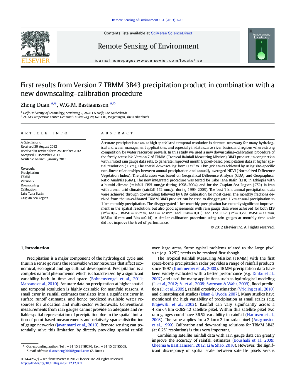 First results from Version 7 TRMM 3B43 precipitation product in combination with a new downscaling-calibration procedure