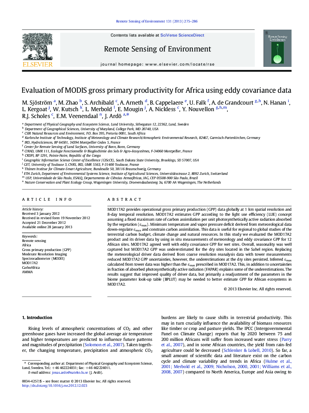 Evaluation of MODIS gross primary productivity for Africa using eddy covariance data