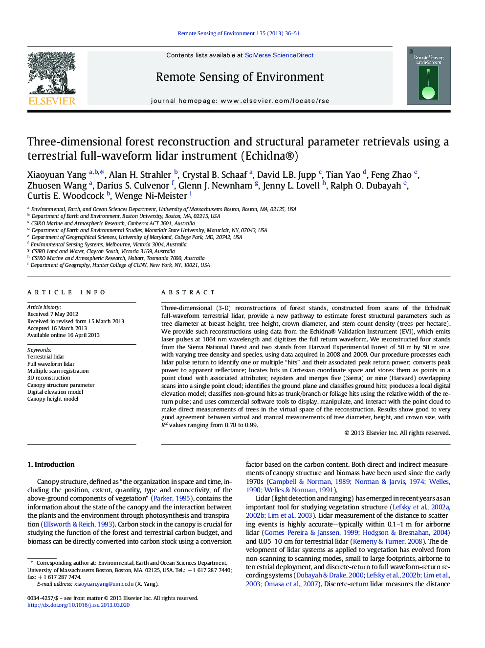 Three-dimensional forest reconstruction and structural parameter retrievals using a terrestrial full-waveform lidar instrument (Echidna®)