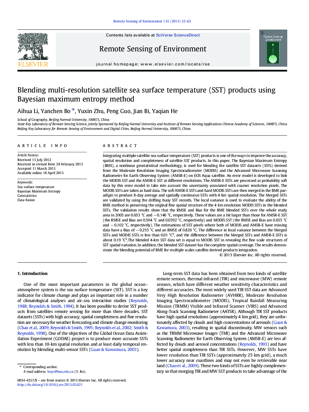عکس صفحه اول مقاله: Blending multi-resolution satellite sea surface temperature (SST) products using Bayesian maximum entropy method Blending multi-resolution satellite sea surface temperature (SST) products using Bayesian maximum entropy method