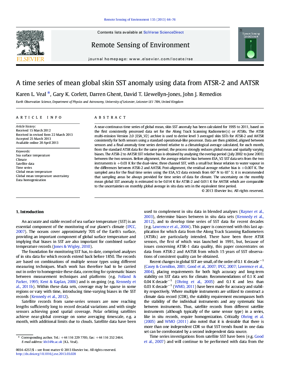 A time series of mean global skin SST anomaly using data from ATSR-2 and AATSR