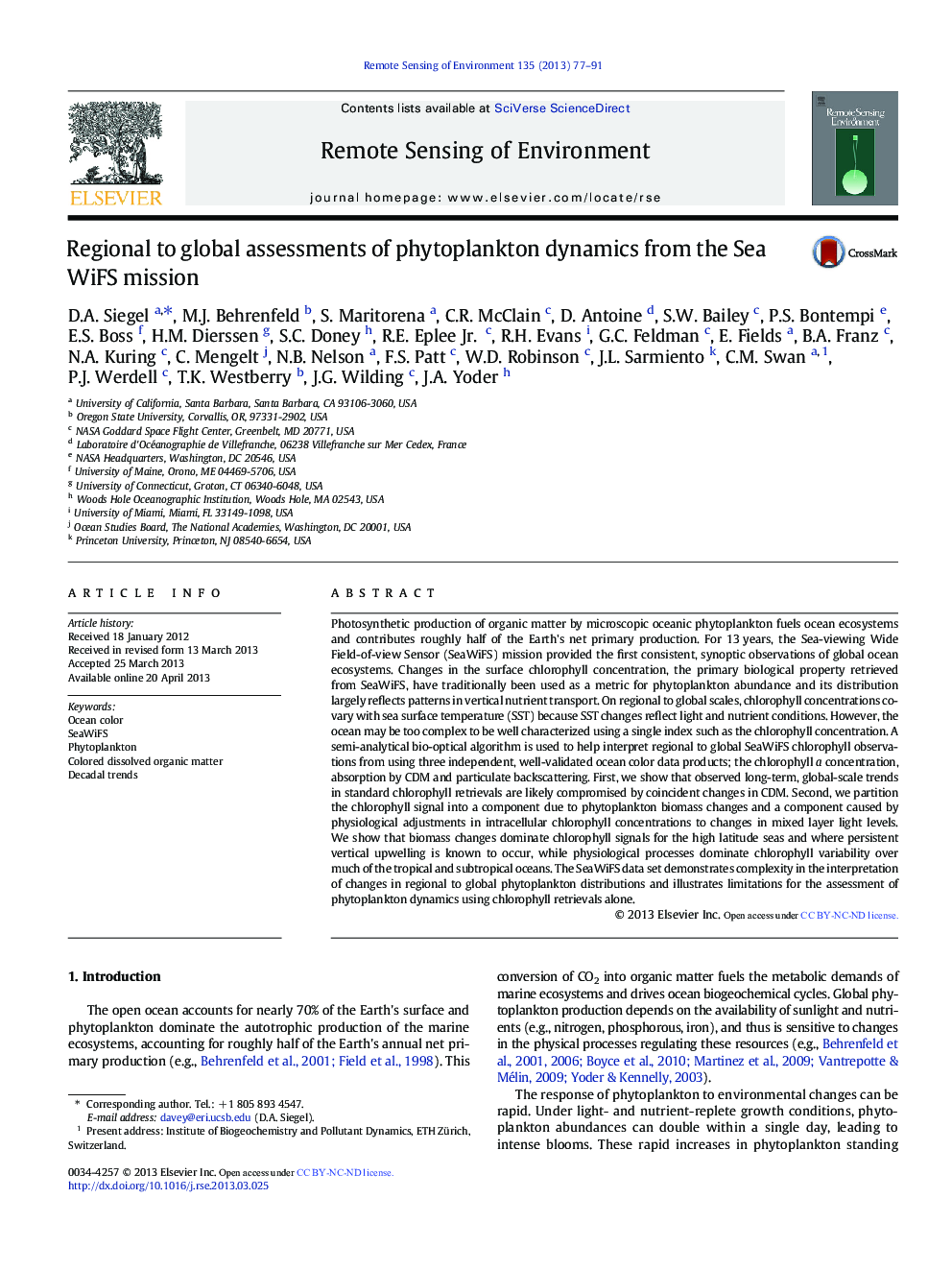 Regional to global assessments of phytoplankton dynamics from the SeaWiFS mission