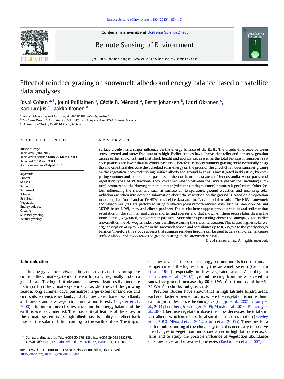 Effect of reindeer grazing on snowmelt, albedo and energy balance based on satellite data analyses