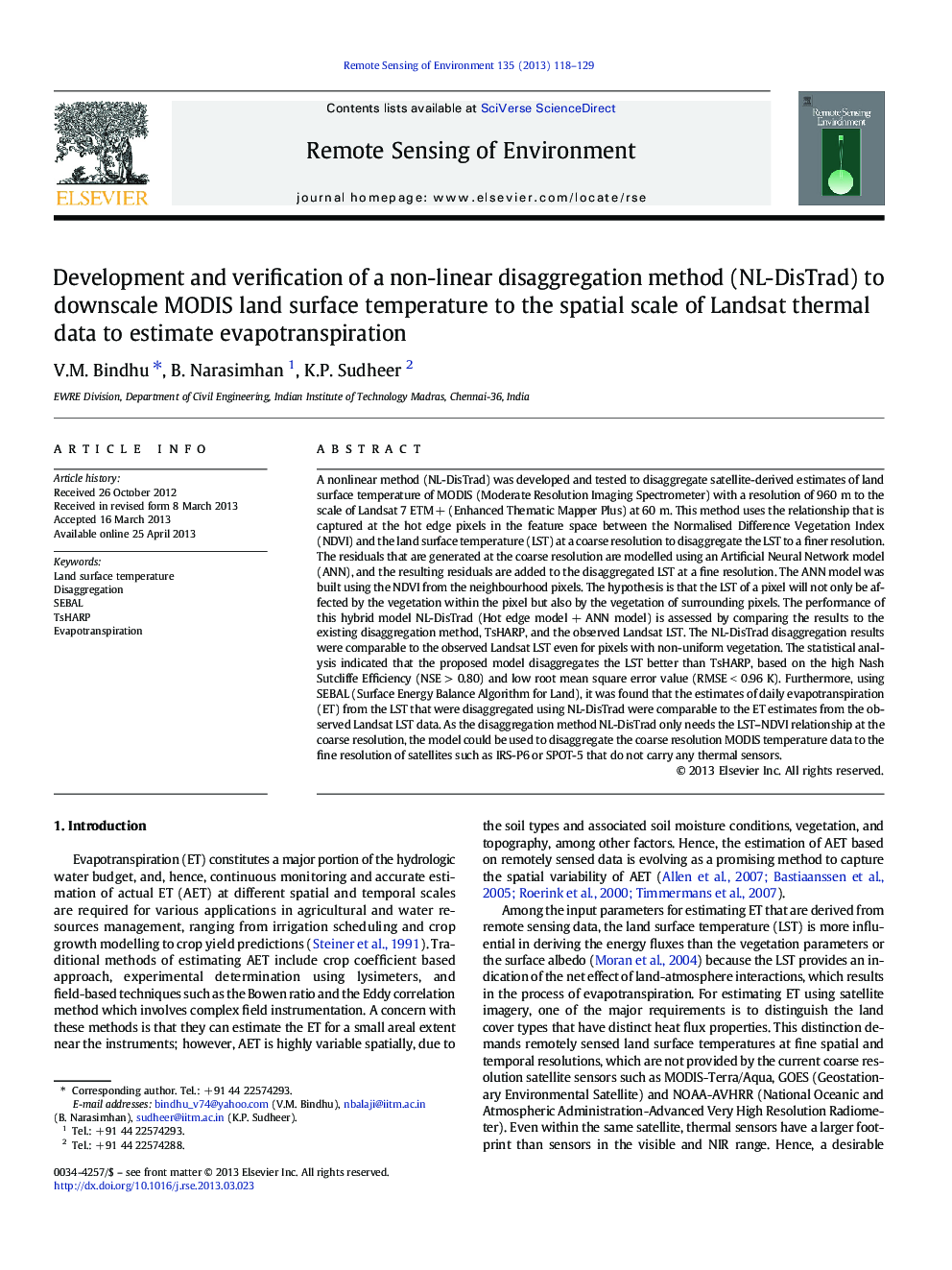 Development and verification of a non-linear disaggregation method (NL-DisTrad) to downscale MODIS land surface temperature to the spatial scale of Landsat thermal data to estimate evapotranspiration