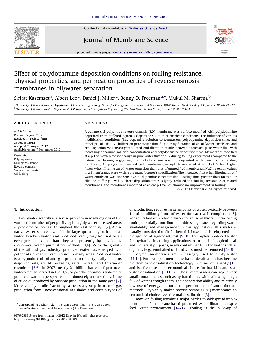 Effect of polydopamine deposition conditions on fouling resistance, physical properties, and permeation properties of reverse osmosis membranes in oil/water separation