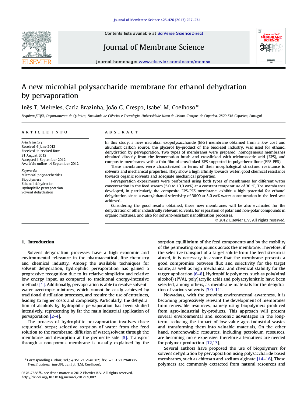 A new microbial polysaccharide membrane for ethanol dehydration by pervaporation