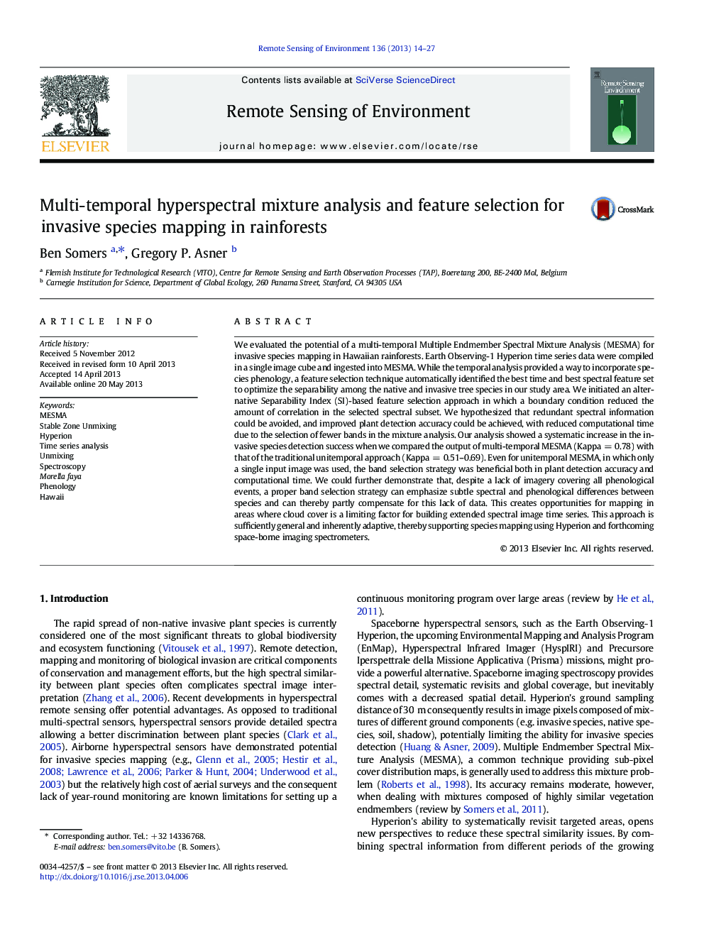 Multi-temporal hyperspectral mixture analysis and feature selection for invasive species mapping in rainforests