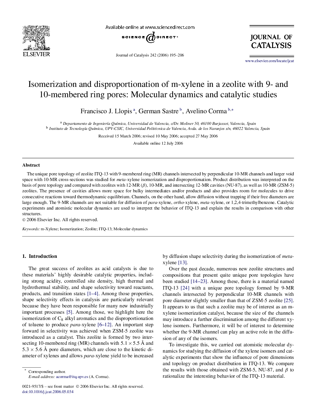 Isomerization and disproportionation of m-xylene in a zeolite with 9- and 10-membered ring pores: Molecular dynamics and catalytic studies