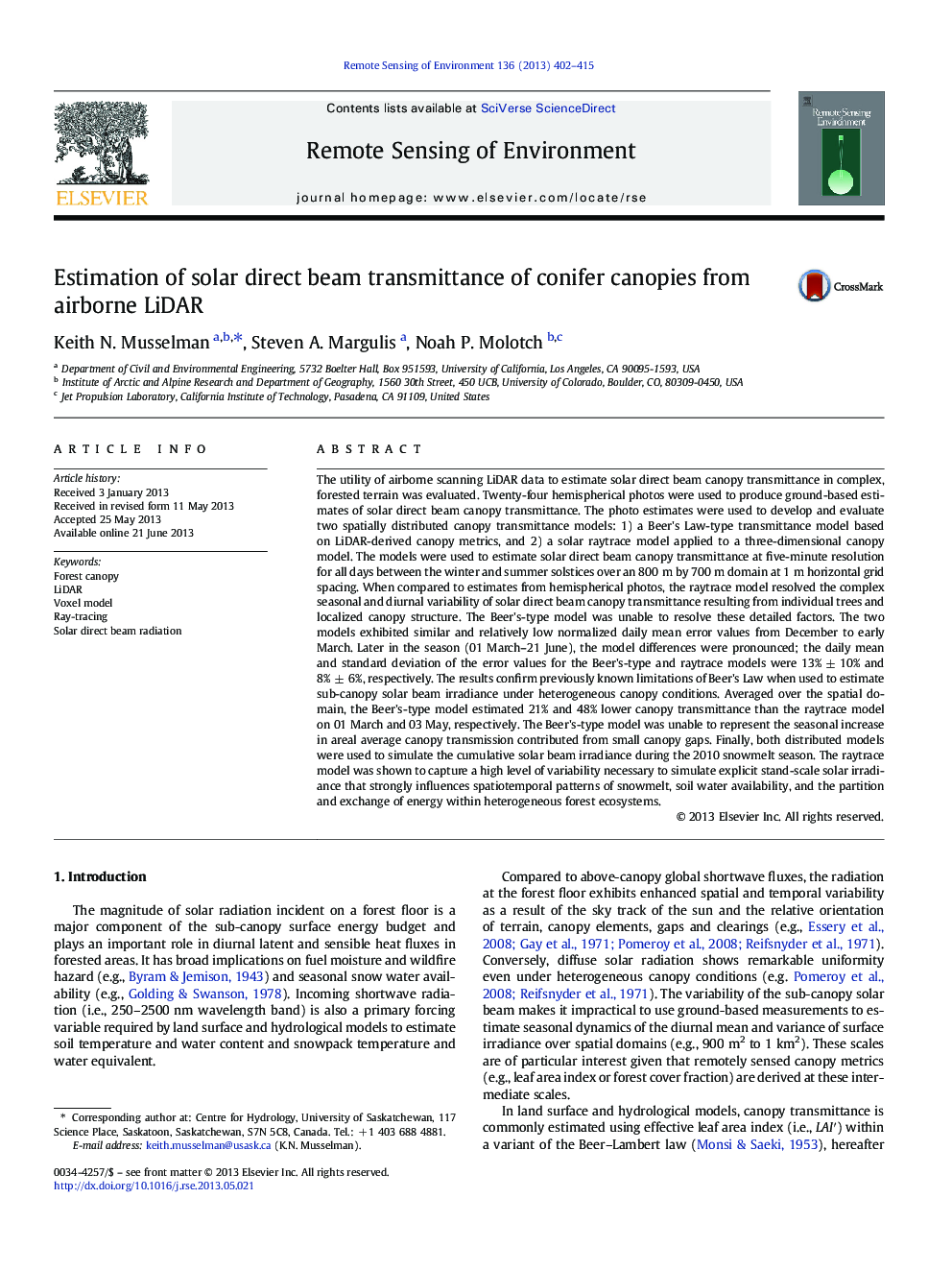 Estimation of solar direct beam transmittance of conifer canopies from airborne LiDAR