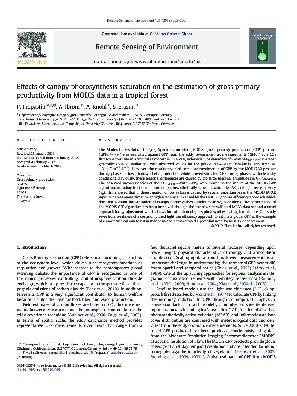 Effects of canopy photosynthesis saturation on the estimation of gross primary productivity from MODIS data in a tropical forest