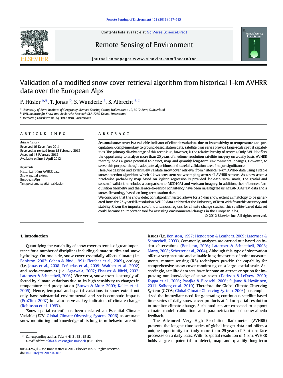 Validation of a modified snow cover retrieval algorithm from historical 1-km AVHRR data over the European Alps