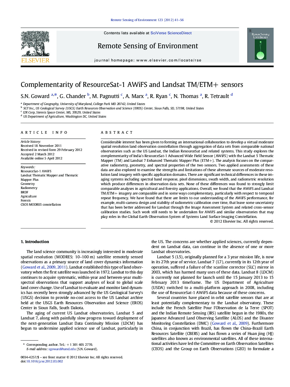 Complementarity of ResourceSat-1 AWiFS and Landsat TM/ETM+ sensors