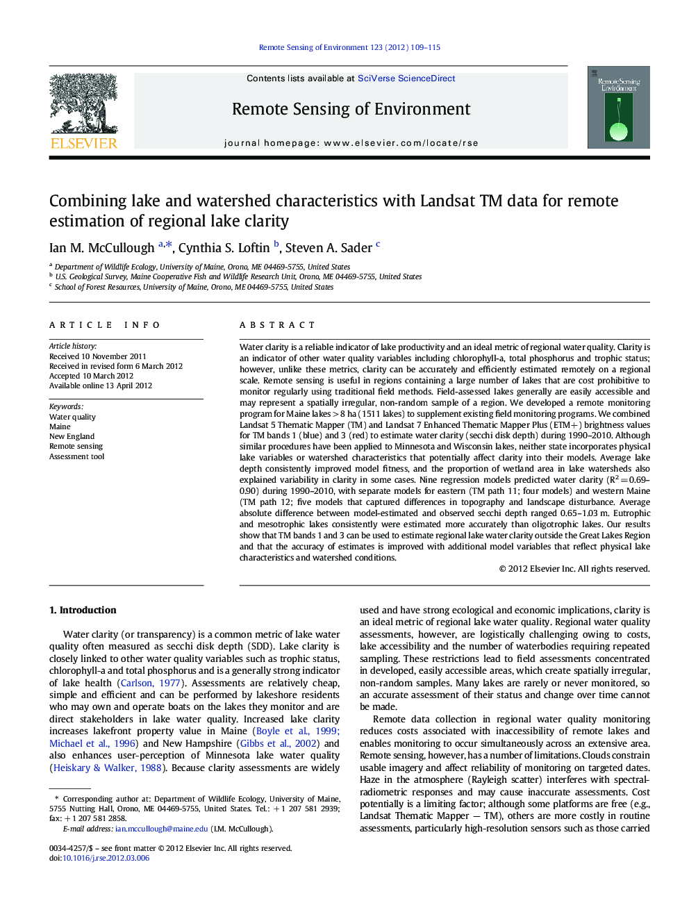 Combining lake and watershed characteristics with Landsat TM data for remote estimation of regional lake clarity