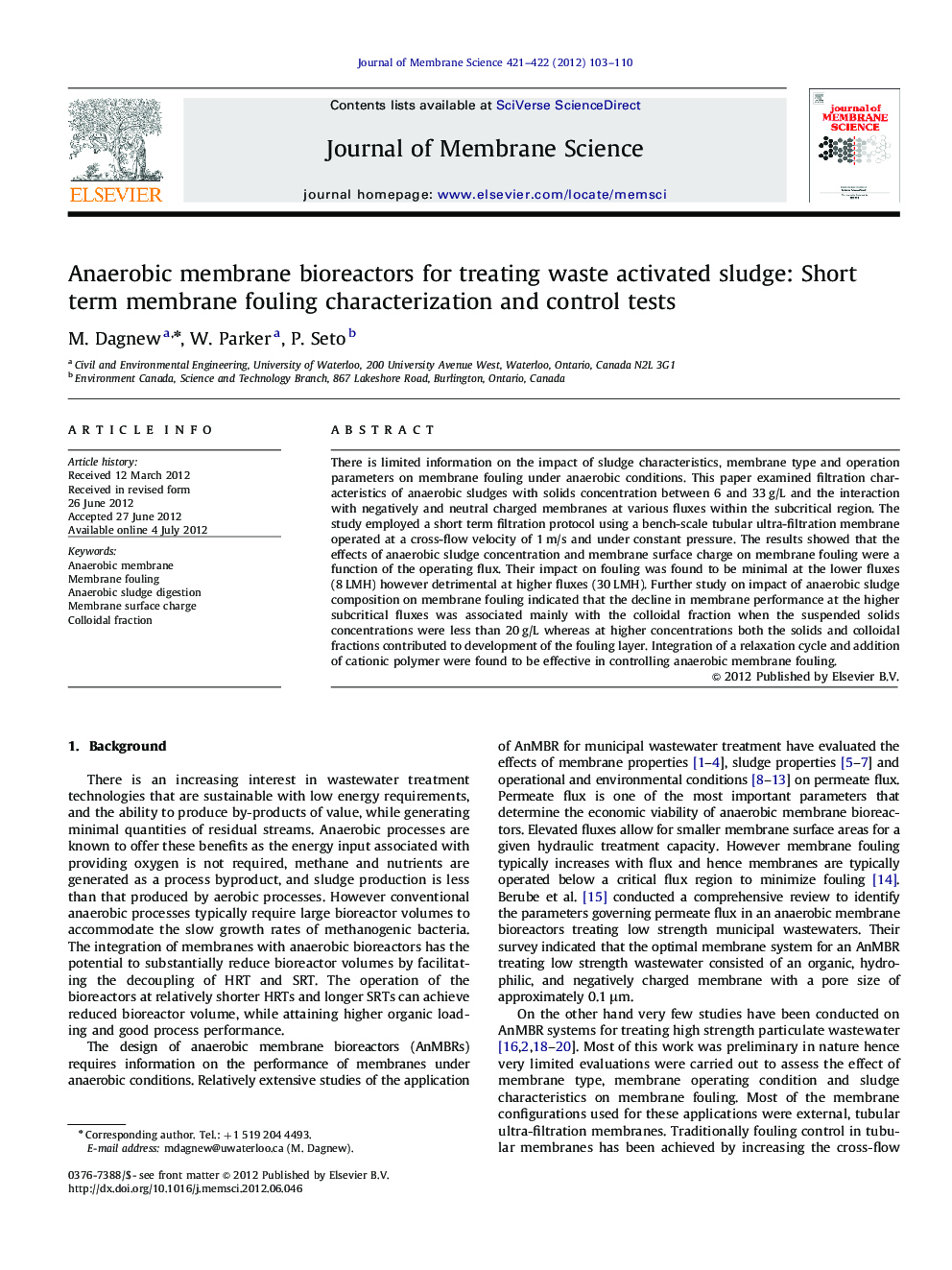 Anaerobic membrane bioreactors for treating waste activated sludge: Short term membrane fouling characterization and control tests