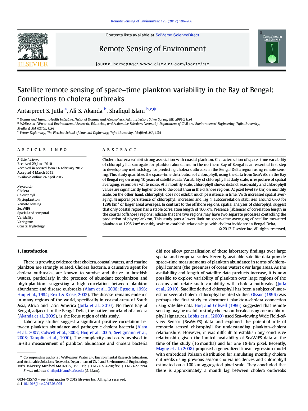 Satellite remote sensing of space-time plankton variability in the Bay of Bengal: Connections to cholera outbreaks