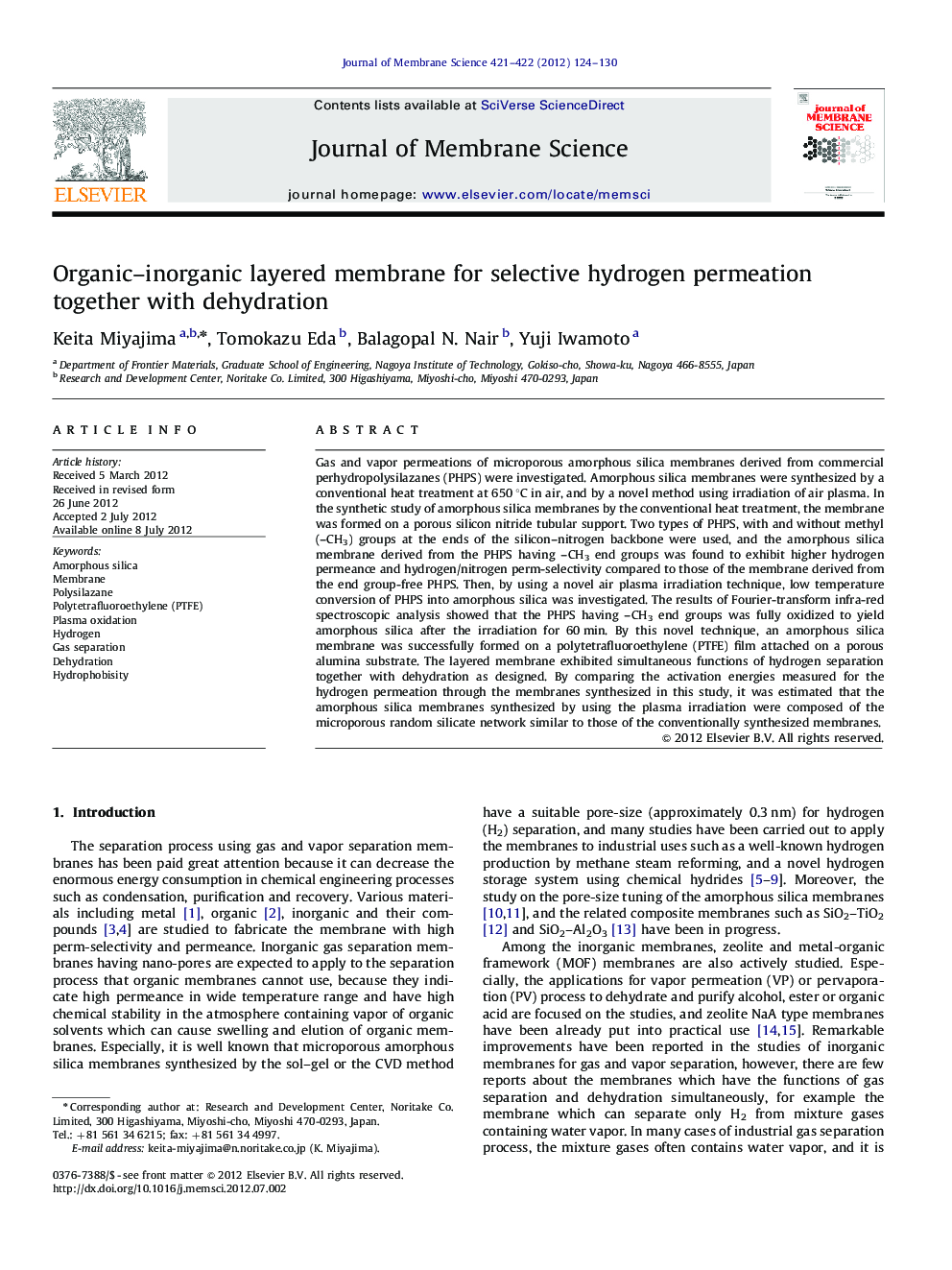 Organic–inorganic layered membrane for selective hydrogen permeation together with dehydration