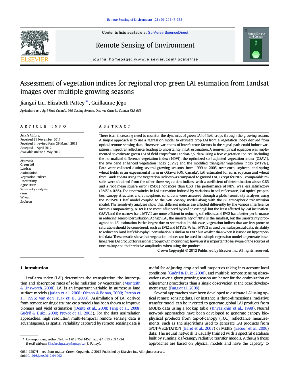 Assessment of vegetation indices for regional crop green LAI estimation from Landsat images over multiple growing seasons