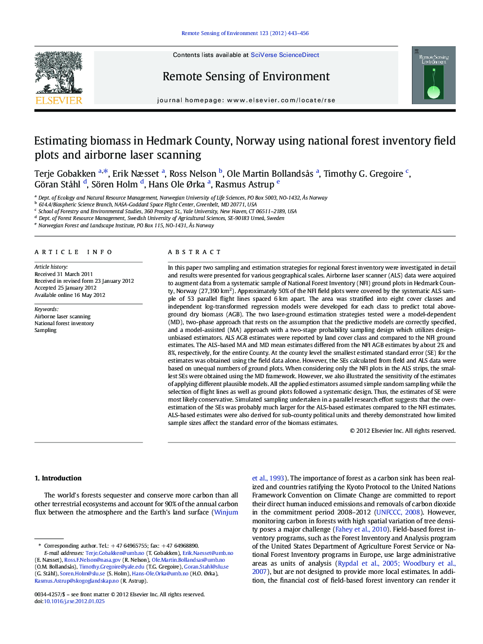 عکس صفحه اول مقاله: Estimating biomass in Hedmark County, Norway using national forest inventory field plots and airborne laser scanning Estimating biomass in Hedmark County, Norway using national forest inventory field plots and airborne laser scanning