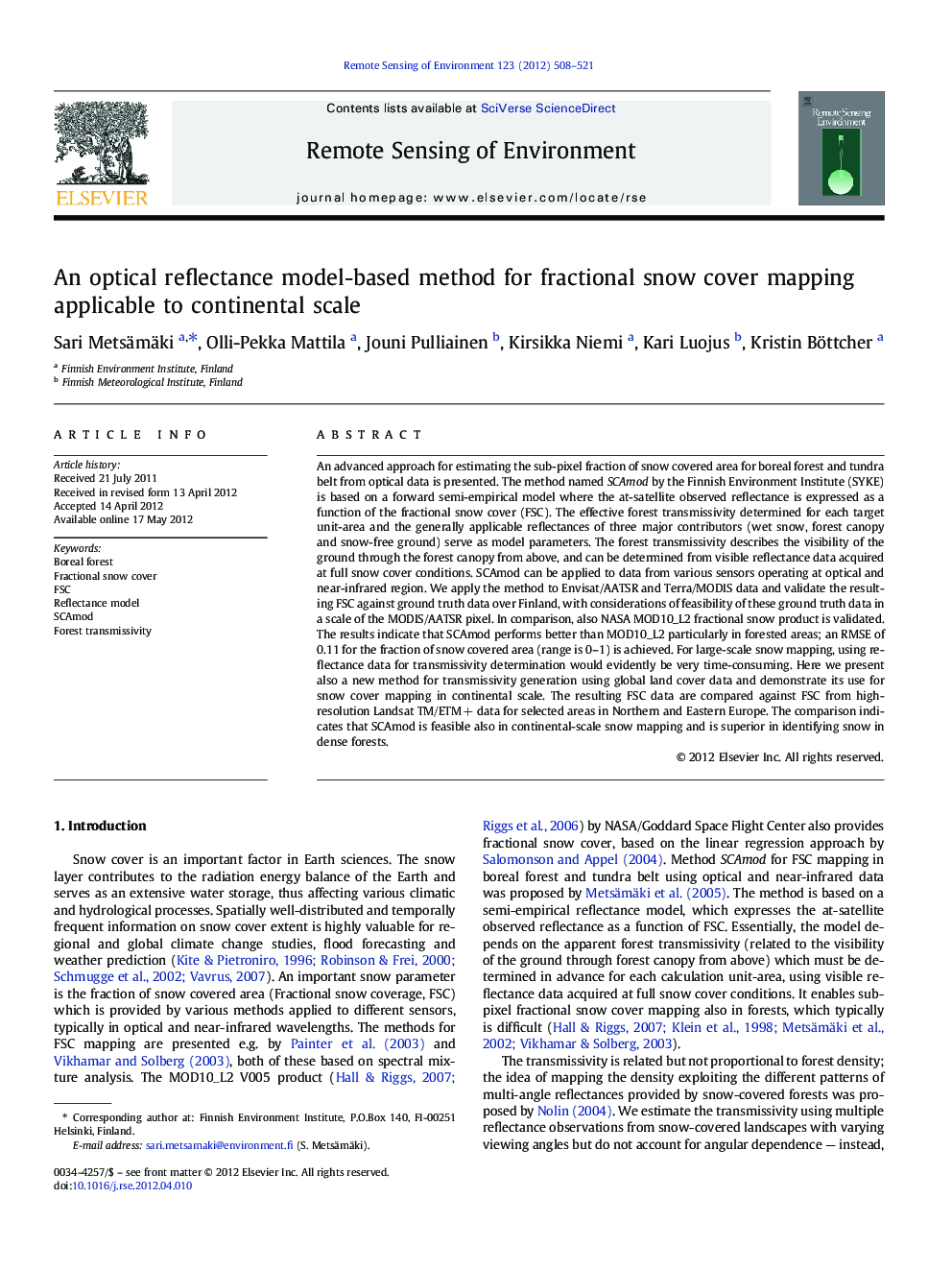 An optical reflectance model-based method for fractional snow cover mapping applicable to continental scale